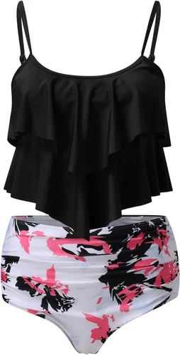 Vista 3 de Top tankini con volantes para mujer con pantalones cortos deportivos para niño, trajes de baño con capas fluidas, trajes de baño escalonados