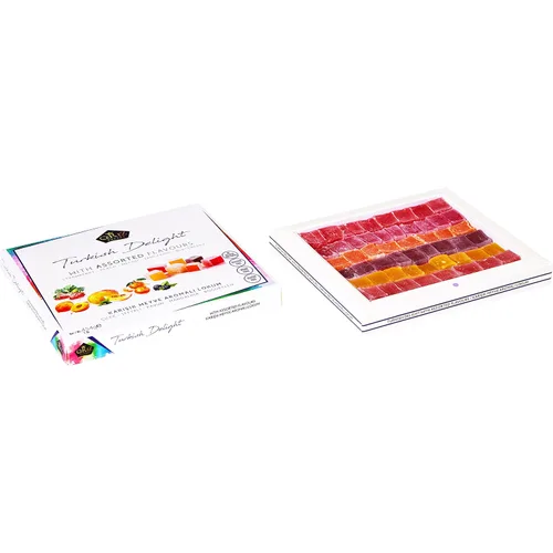 Vista 3 de Cerez Pazari - Delicia turca con sabores de fresa, melocotón, melón, mandarina, mora, Mezcla de sabores, Caja de regalo con aperitivos gourmet