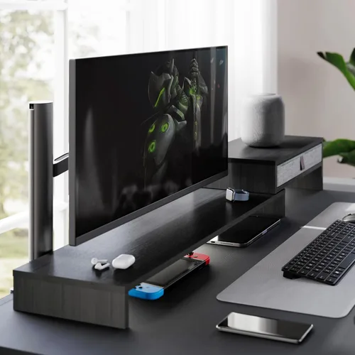 Vista 6 de Fenge - Soporte elevador para monitor de computadora con cajón para 2 o 3 monitores, soporte de escritorio ajustable en longitud y ángulo para Negro