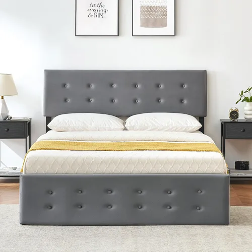 Vista 4 de Alkmaar Base de cama tapizada de terciopelo tamaño matrimonial con 4 cajones de almacenamiento y cabecero, base de colchón con botones cosidos