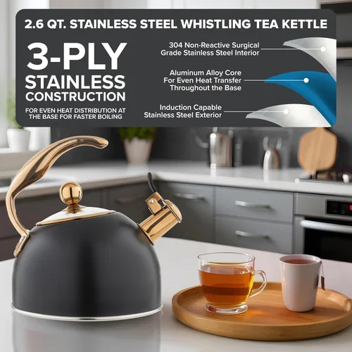 Vista 3 de Tetera de acero inoxidable Viking de 3 capas, 2.6 cuartos de galón para estufa con tapa de vidrio templado, mango ergonómico, lista para inducción