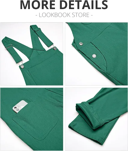Vista 6 de LookBookstore Overol de pana para mujer con tirantes ajustables, enterito de moda con bolsillos para mujer Verde alpino