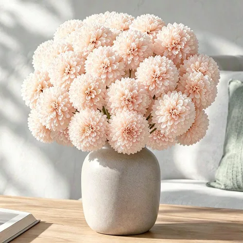 Vista 11 de Mini flores artificiales de crisantemo, 10 tallos de pompón sintético para arreglos de jarrón, decoración del hogar (beige)