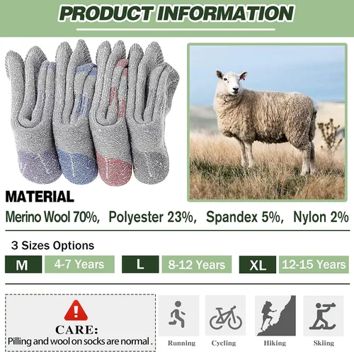 Vista 6 de Sandsuced 4 pares de calcetines de senderismo de lana merino para niños, adolescentes, invierno, térmicos, acogedores, cálidos, gruesos, calcetines
