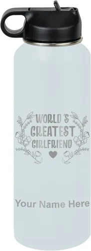 Vista 16 de LaserGram Botella de agua personalizada, World's Greatest Girlfriend, acero inoxidable de doble pared aislada al vacío con popote superior, regalo