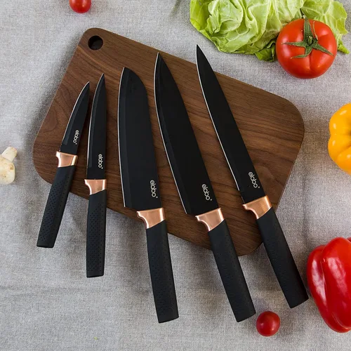 Vista 2 de elabo - Juego de cuchillos de cocina de acero inoxidable antiadherentes con soporte, 5 piezas, color negro, mango de oro rosa
