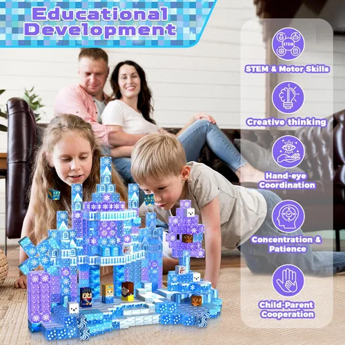 Vista 6 de Bloques magnéticos – 100 bloques de construcción magnéticos transparentes para niños de 4 a 8 años, bloque magnético castillo de princesa azul