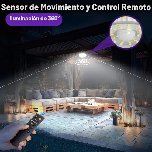 Vista 4 de Luz Solar de Cobertizo para Interiores y Exteriores, Lámpara Colgante de 244 LED con Iluminación de 360°, Sensor de Movimiento, Impermeable, Luces