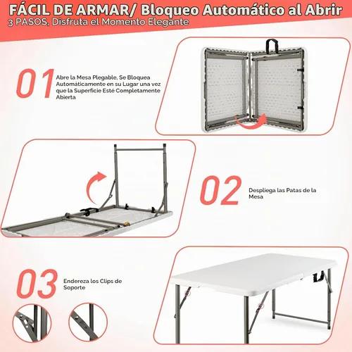 Vista 5 de Mesa plegable de 4 pies, mesa de plástico portátil de 3 niveles de altura ajustable con asa de transporte, mesa de campamento plegable