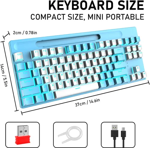 Vista 8 de Teclado mecánico Bluetooth para juegos con retroiluminación múltiple de 87 teclas, antirfantasma, ergonómico, con cableinalámbrico, receptor USB