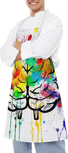 Vista 4 de MUSM Apron for Adults - 27.6 X 31.5 Inch, Heavy-Duty Polyester Aprons with Two Large Pockets, Waterproof Hand Drawn Brain Kitchen Apron for Cooking