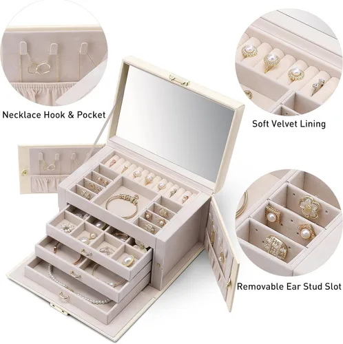 Vista 2 de Vlando Joyero de terciopelo para mujer, caja organizadora grande de cuero con cerradura, espejo, 3 cajones para collar, anillo y aretes, regalo