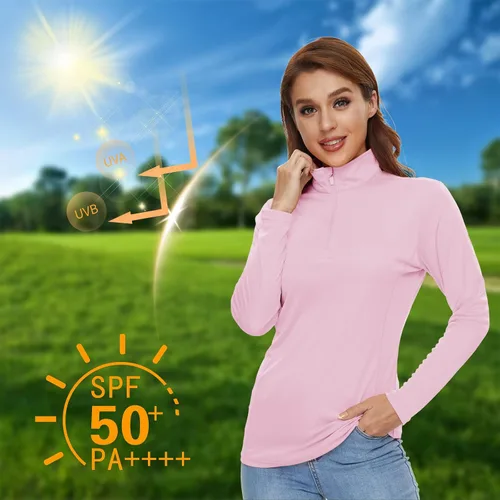 Vista 4 de CRYSULLY Camisas de manga larga para mujer, protección solar, cremallera de 14, de verano, de secado rápido