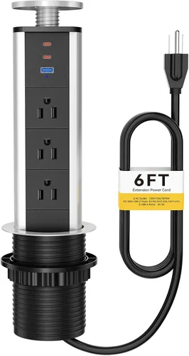 Vista 8 de Kungfuking Toma de corriente desplegable para encimera, enchufe con 3 salidas de CA y 2 PD 20 W USB-C y 1 puerto USB, oficina de conferencias