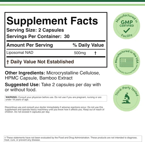 Vista 2 de Suplemento liposomal NAD para antienvejecimiento y apoyo celular (500 mg de NAD+ liposomal por porción, suministro de 30 días), probado por