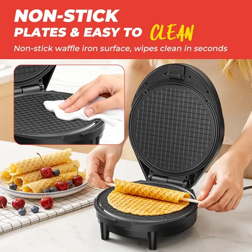 Vista 4 de Máquina para hacer gofres y hacer conos de helado con rodillo de cono, 1000 W de doble cara con calefacción uniforme para hacer gofres finos, hace