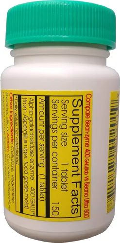 Vista 2 de Bean-Zyme Gas Relief para adultos Extra Strength (150 unidades) es de 400 GAUL por tableta de alfa-galactosidasa, vegano, costo menos, enzima