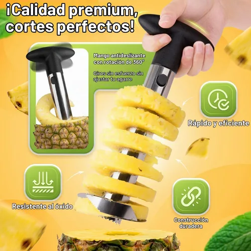 Vista 3 de Flexzion - Herramienta de cocina de acero inoxidable para pelar y sacar el corazón de ananá, para cortar y rebanar fácilmente fruta, con mango
