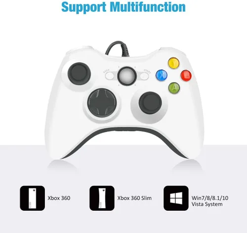 Vista 3 de YAEYE - Mando para Xbox 360 con cable y USB para Microsoft Xbox 360 PC Windows 7 8 10 con turbo botones de disparador blanco
