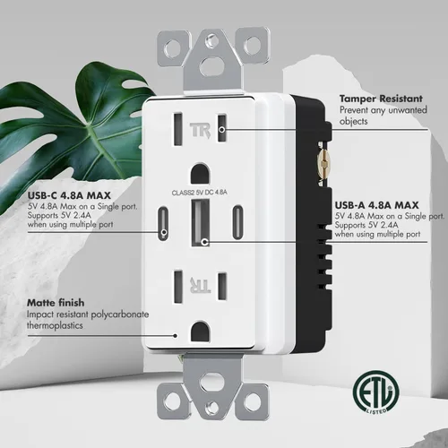 Vista 4 de Micmi Toma de pared USB C, 30 W, 6.0 amperios, 3 puertos USB C, 15 A, receptáculo resistente a manipulaciones con puertos dobles tipo C y A