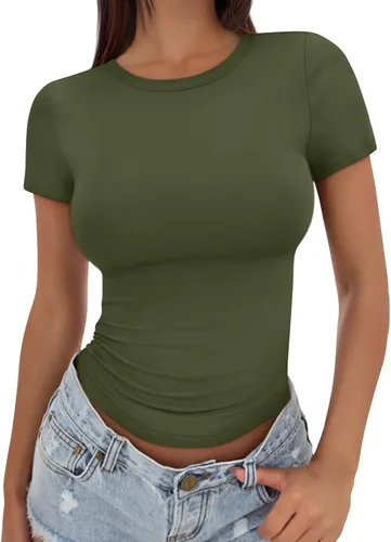 Vista 15 de Trendy Queen - Camisetas básicas para mujer, camisetas de verano, manga corta, ajustadas, linda ropa de entrenamiento para gimnasio