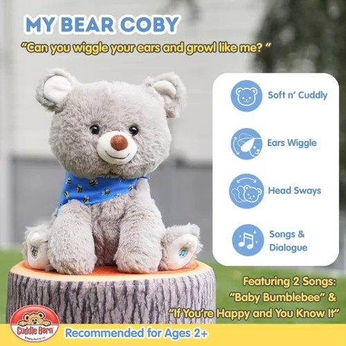 Vista 3 de Cuddle Barn My Bear Coby - Animal de peluche animado de oso de peluche, canto gris de 11 pulgadas