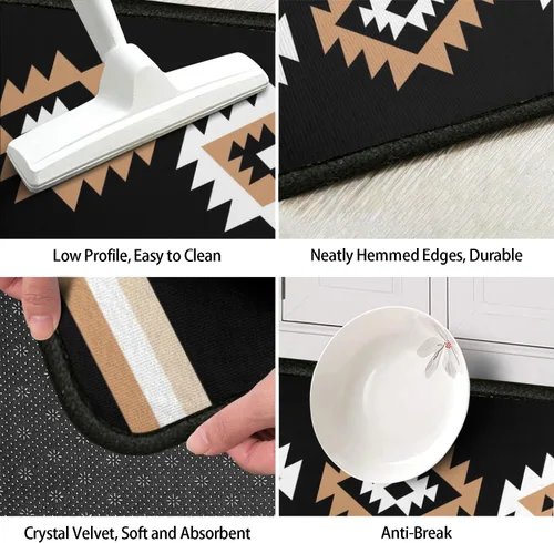 Vista 6 de Juego de 2 tapetes de cocina estilo bohemio para cocina, diseño azteca occidental, color negro, antideslizantes, lavables, para el suelo, 2 piezas