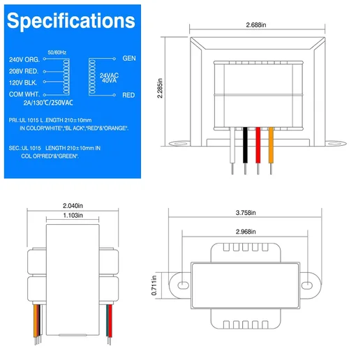 Vista 5 de 24V 40VA Control Transformer, Primary 120/208/240V, Secondary 24V Isolation Transformer with Foot Mount for HVAC Furnace Multi Tap