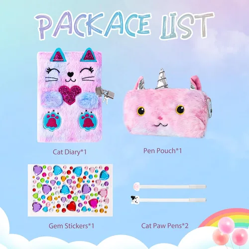 Vista 4 de DHQH Diario de Gato con Candado Regalo para Niña de 6, 7, 8, 9, 10, 11, 12 Años, Diario Secreto Cuaderno para Niños Set de Regalo de Navidad