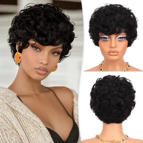Vista 15 de RUWISS Peluca de cabello humano con corte Pixie, peluca de cabello humano con flequillo, peluca negra corta natural en capas, ondulada