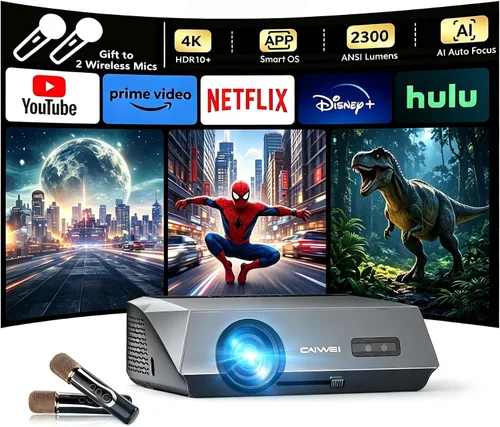 Vista 13 de Proyector portátil inteligente 4K para el hogar, proyector de película de 1300 lúmenes ANSI con enfoque automático, WiFi Bluetooth, 3 modos
