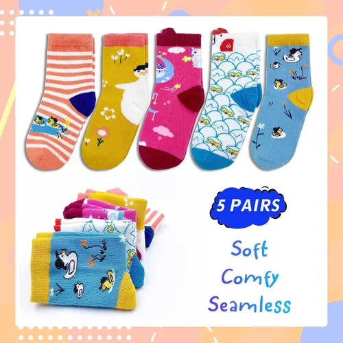 Vista 6 de Hellomamma Girls Toddler Cotton Crew Socks Kids Novelty Animal Soft Funny Fashion Casual Breathable Childs Socks 5 Pairs