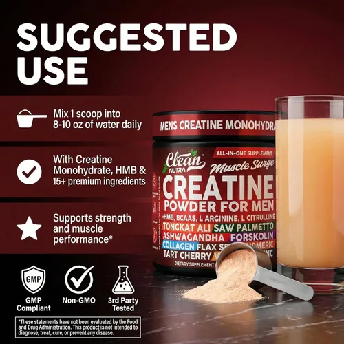 Vista 6 de Clean Nutra Creatina en polvo para hombres + HMB BCAA L Arginina L Citrulina Tongkat Ali Saw Palmetto Ashwagandha Colágeno Semilla de Lino Cúrcuma