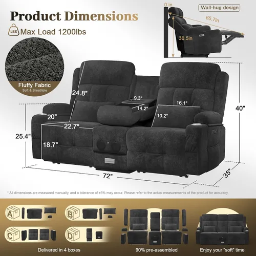 Vista 78 de Sofá de Dos Plazas Reclinable, Sofá Reclinable de Masaje con Gran Capacidad de Peso, Silla de Dos Plazas para RV en Liquidación con Consola, USB