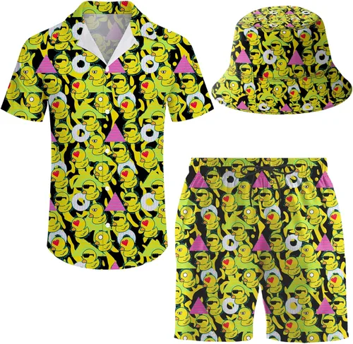 Vista 29 de Conjunto deportivo de 2 piezas para hombre, camisa hawaiana, pantalones cortos, camisa con botones y pantalones cortos con sombreros de pescador