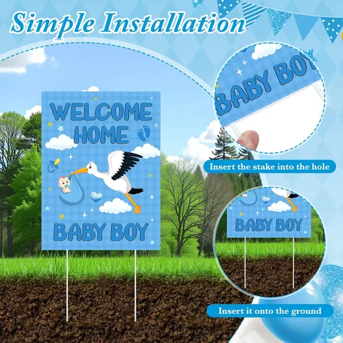 Vista 3 de 2 carteles decorativos de bienvenida para el patio del bebé, niño y niño, con estacas, diseño de elefante azul para baby shower, suministros
