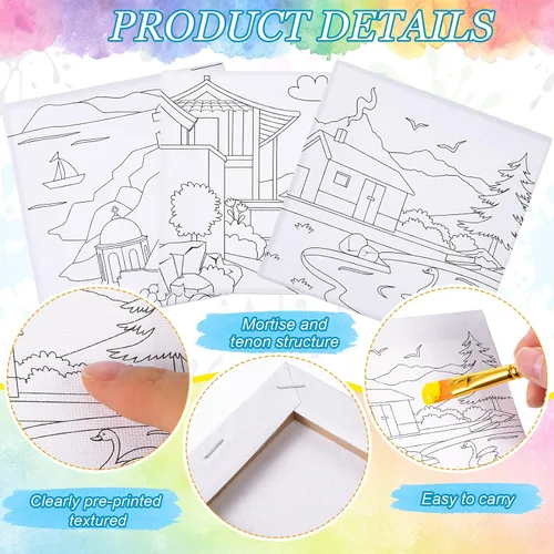 Vista 5 de 12 piezas de arte en lienzo de contorno predibujado de 4 x 4 pulgadas, tablas de pintura de lienzo estirado para el primer y último día de escuela