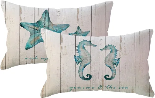 Vista 7 de ULOVE LOVE YOURSELF Fundas de almohada con temática de océano de verano, diseño de estrellas de mar de grano de madera, hipocampo con citas, fundas