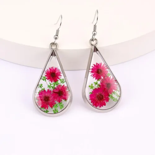 Vista 4 de BaubleStar Pendientes de lágrima de flor prensada, flores secas, gota colgante, joyería de moda