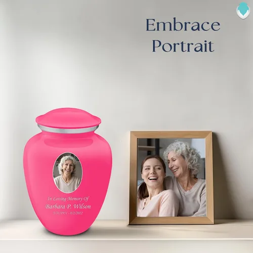 Vista 4 de Geturns Abraza pequeñas urnas de cremación personalizadas para cenizas humanas I Urna funeraria rosa brillante para hombres y mujeres con capacidad