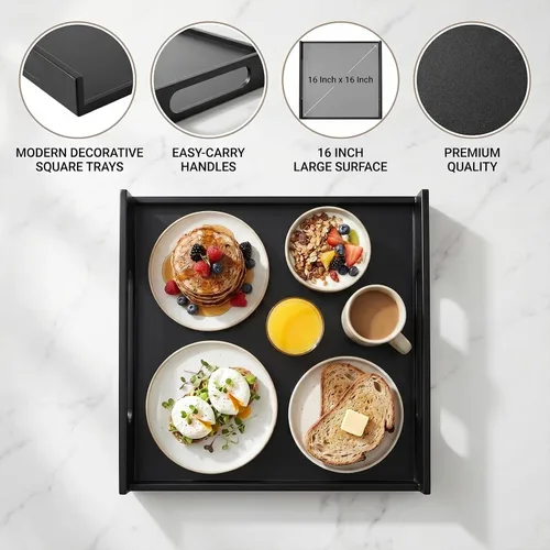 Vista 4 de MyGift Bandeja grande cuadrada de metal negro mate de 16 pulgadas con asas