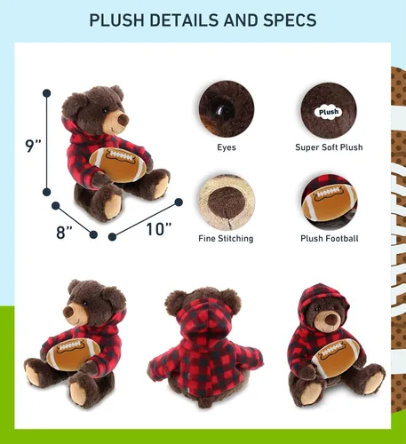 Vista 3 de DolliBu Peluche de oso marrón con felpa de fútbol – Oso súper suave para abrazar con capucha a cuadros rojos, juguete de peluche regalo de vida