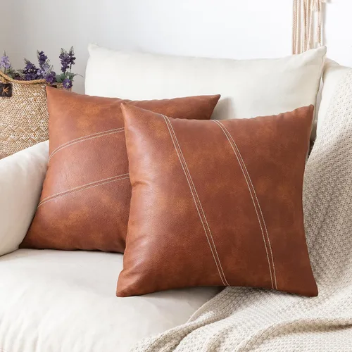 Vista 11 de Juego de 2 fundas de almohada de 20x20 pulgadas de cuero sintético blanco y marrón, almohadas decorativas de algodón estilo boho moderno para sofá