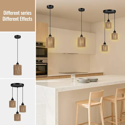 Vista 9 de BoostArea Luces Colgantes de Ratán para Isla de Cocina, Candelabro de Estilo Rústico con Pantalla de Mimbre Tejida a Mano, Luz Colgante Bohemia