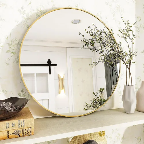 Vista 4 de VooBang Gold Round Bathroom Mirror 24", Thin Metal Frame Wall Mirror Dorado
