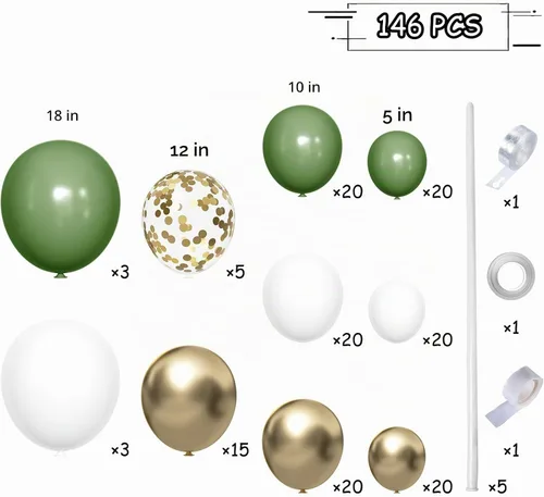 Vista 2 de MEBAY Kit de arco de globos de oro verde, blanco, 146 piezas de confeti dorado cromado metálico verde aguacate y globos de látex blanco