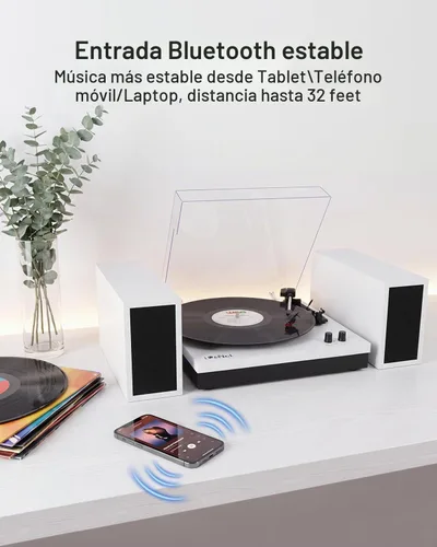 Vista 4 de Reproductores de discos de vinilo con 2 altavoces externos y tocadiscos Bluetooth, color blanco 01-Cuero blanco