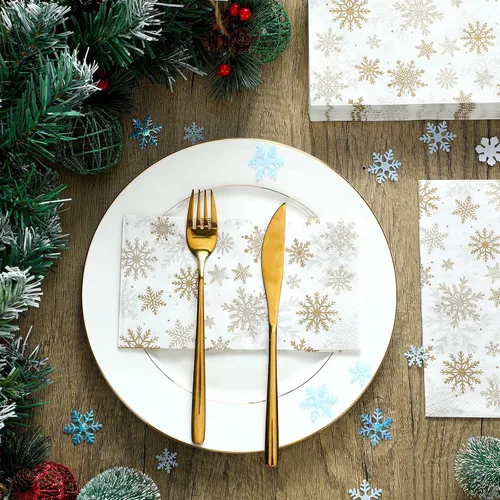 Vista 5 de Hotop Paquete de 300 servilletas desechables de Navidad con copos de nieve, toallas de mano desechables de papel para invitados, servilletas