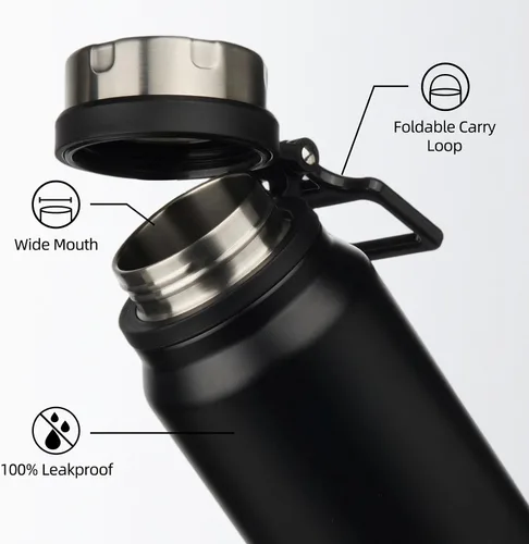 Vista 3 de BJPKPK Botella de agua aislada de 24 onzas con asa, sin BPA, botella térmica de viaje de acero inoxidable reutilizable, botella de agua grande, Negro