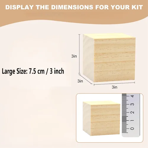 Vista 2 de Paquete de 4 bloques de madera para manualidades, bloques de cubos de madera sin terminar, bloques cuadrados de madera natural de 3 pulgadas, cubos